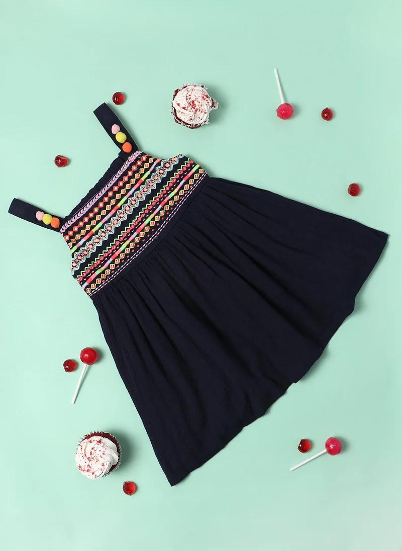 Girls' 100% Cotton Multicolour Geometric Embroidered Fit & Flare Dress
